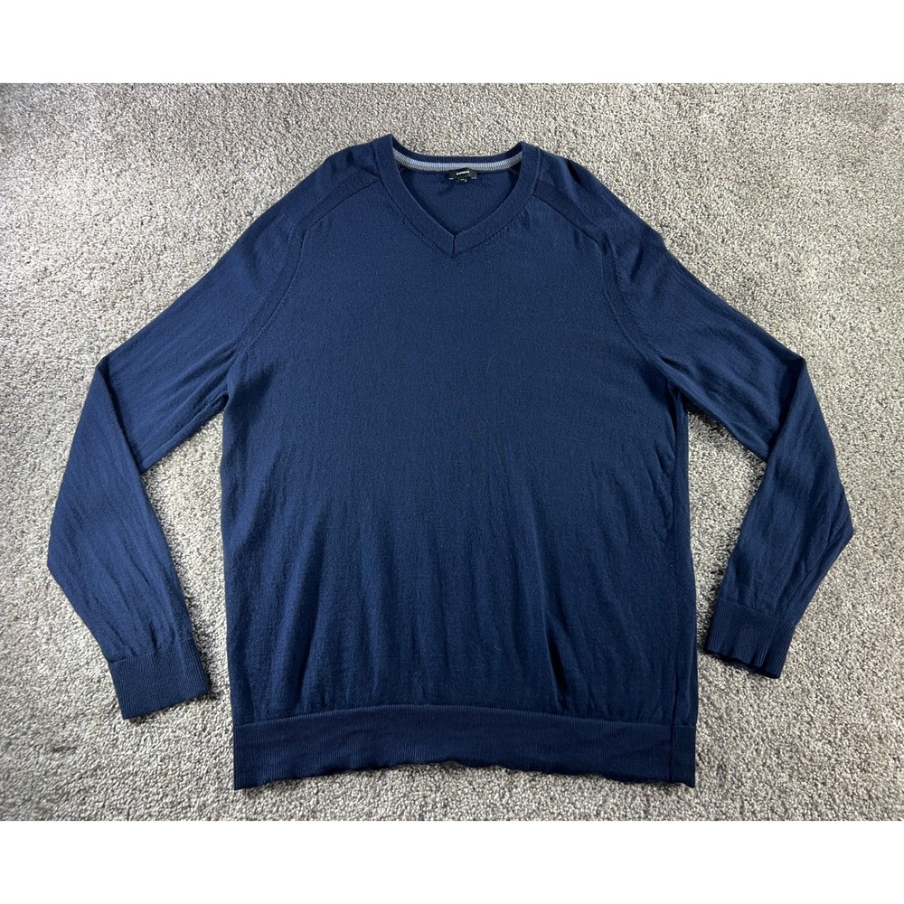 Express Mens XL Tall Navy Blue 100% Merino Wool V-Neck Sweater